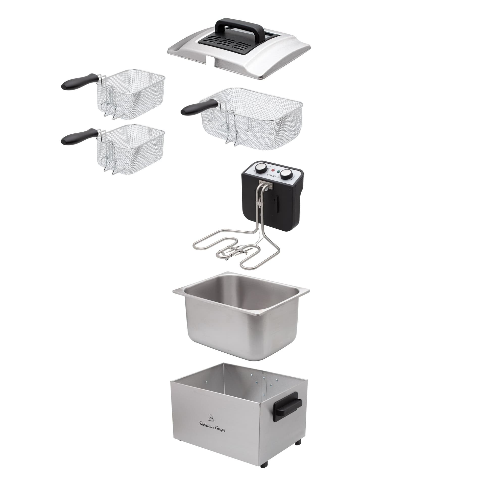 Sogo Friggitrice Elettrica Professionale 5 Litri 3000W in Acciaio Inox, 3 Cestelli Inclusi, Temperatura Regolabile 130-190°C, Sistema Cold Zone e Timer 30 Minuti - 3