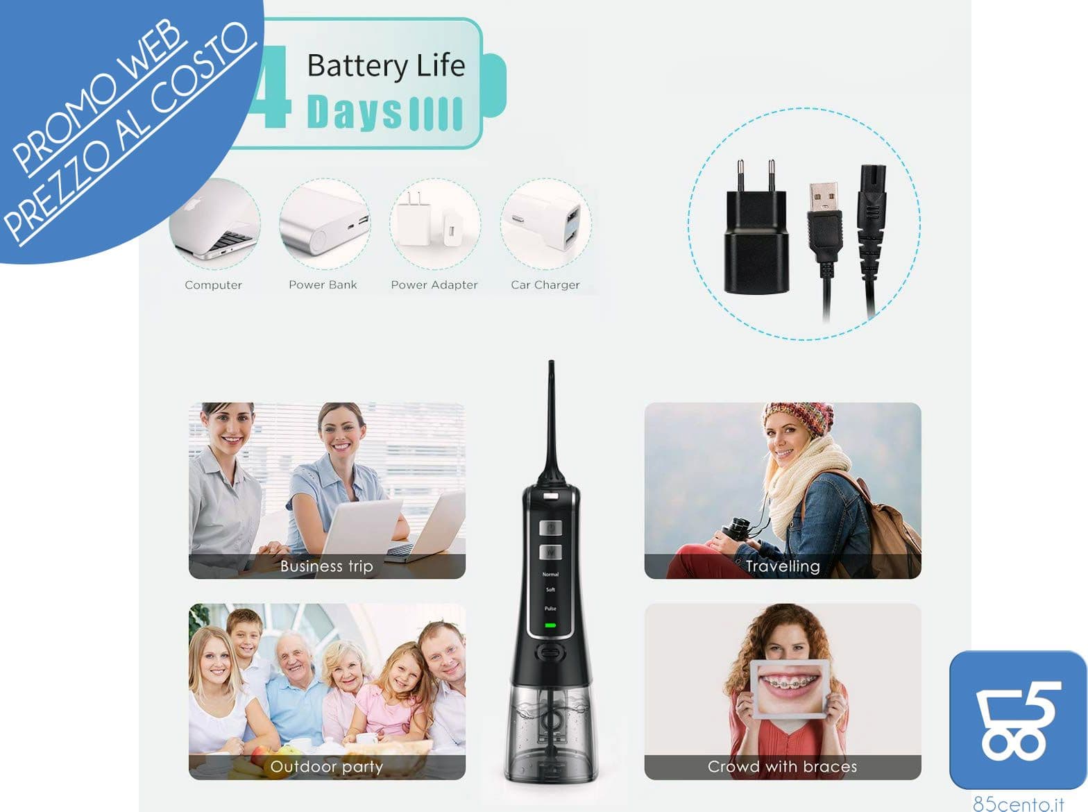Idropulsore Dentale Portatile Irrigatore Orale Pulitore Denti Elettrico con Serbatoio 300ml 4 Modalità Ricaricabile USB e Impermeabile IPX7 - 3