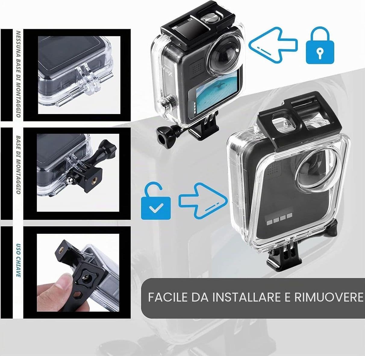 Custodia Impermeabile per GoPro Max Action Camera Case Protettivo Subacqueo 40m con Lente in Vetro Temperato Curvo e Accessori di Fissaggio Staffa - 2