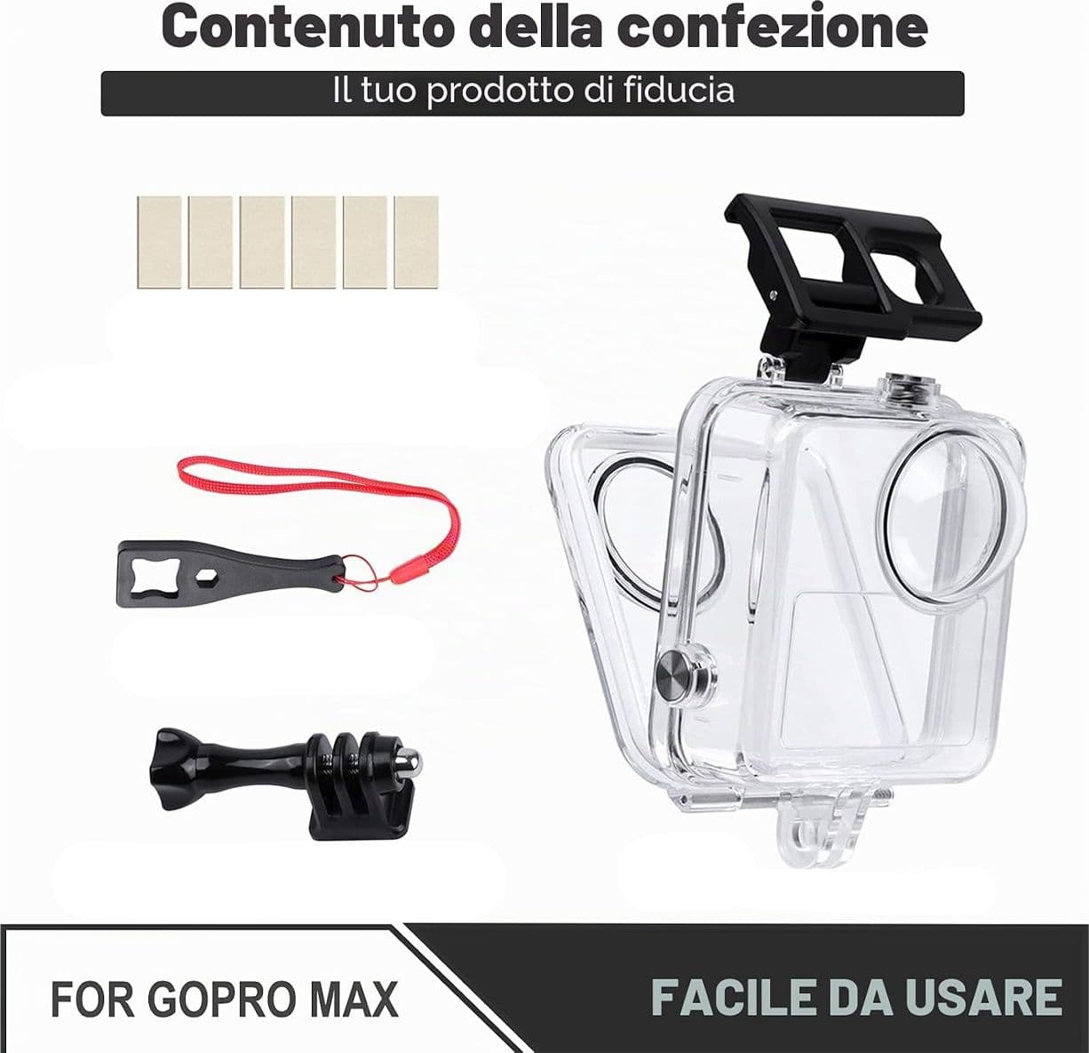 Custodia Impermeabile per GoPro Max Action Camera Case Protettivo Subacqueo 40m con Lente in Vetro Temperato Curvo e Accessori di Fissaggio Staffa - 5