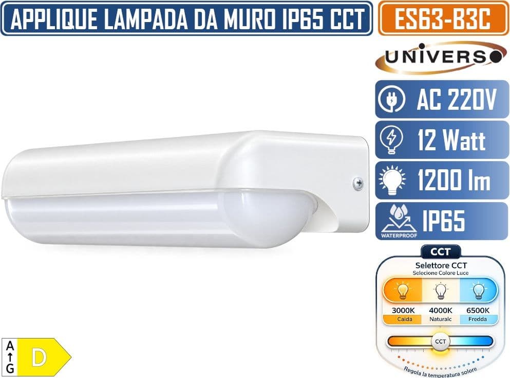 UNIVERSO ES63-B3C APPLIQUE PLFONIERA LED DA ESTERNO 12W 1200LM IP65 CCT SWITCH 3000K 4000K 6500K BIANCA 180° - 2
