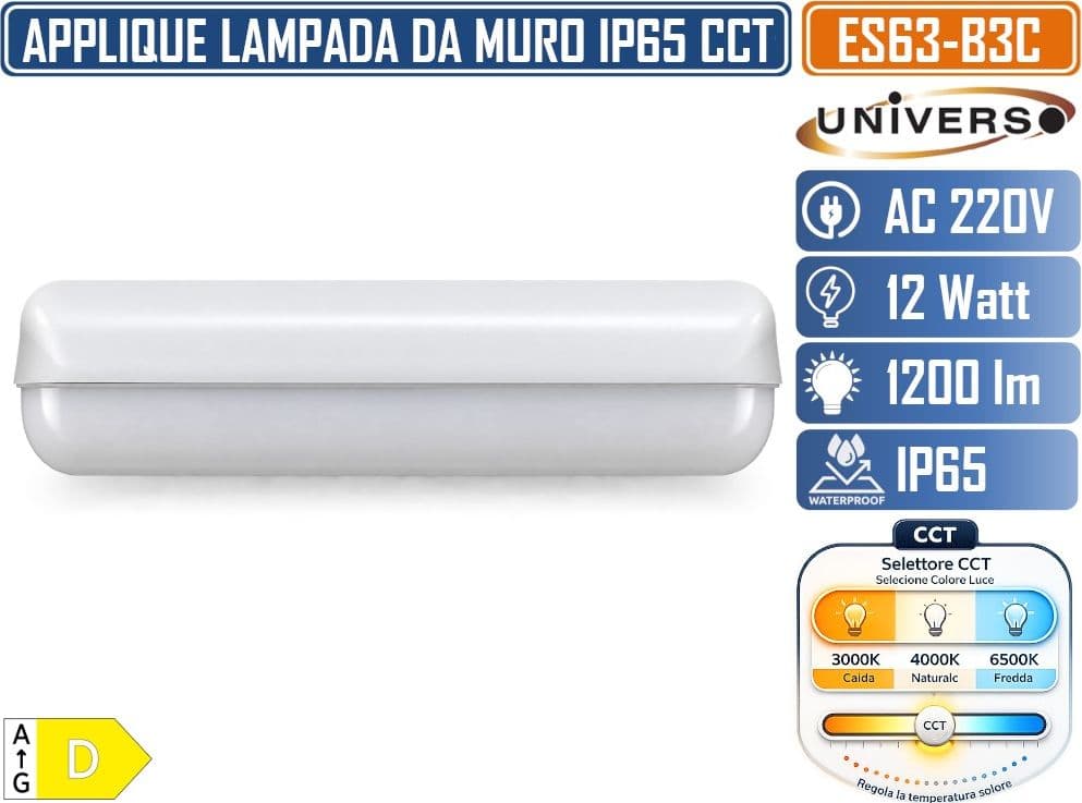 UNIVERSO ES63-B3C APPLIQUE PLFONIERA LED DA ESTERNO 12W 1200LM IP65 CCT SWITCH 3000K 4000K 6500K BIANCA 180° - 3