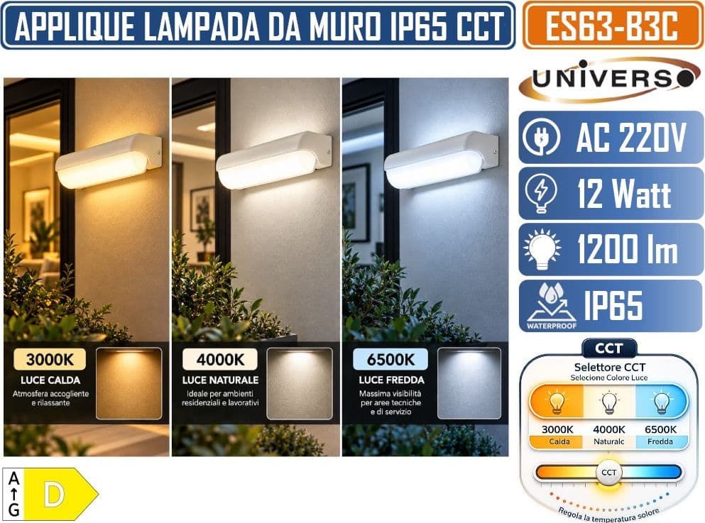 UNIVERSO ES63-B3C APPLIQUE PLFONIERA LED DA ESTERNO 12W 1200LM IP65 CCT SWITCH 3000K 4000K 6500K BIANCA 180° - 4