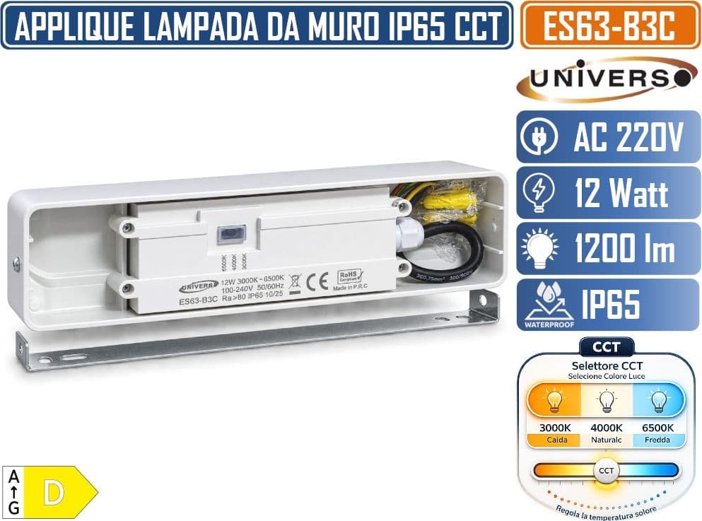 UNIVERSO ES63-B3C APPLIQUE PLFONIERA LED DA ESTERNO 12W 1200LM IP65 CCT SWITCH 3000K 4000K 6500K BIANCA 180° - 5