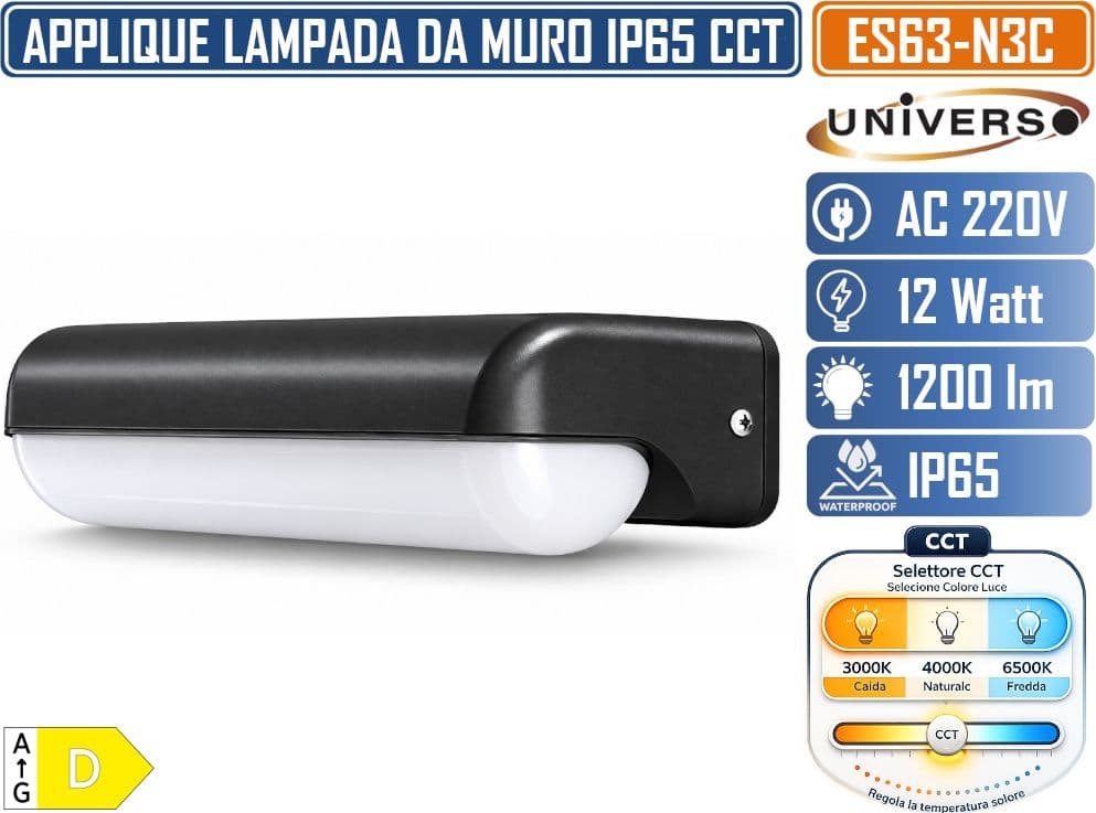 UNIVERSO ES63-N3C APPLIQUE PLFONIERA LED DA ESTERNO 12W 1200LM IP65 CCT SWITCH 3000K 4000K 6500K NERA 180° - 2