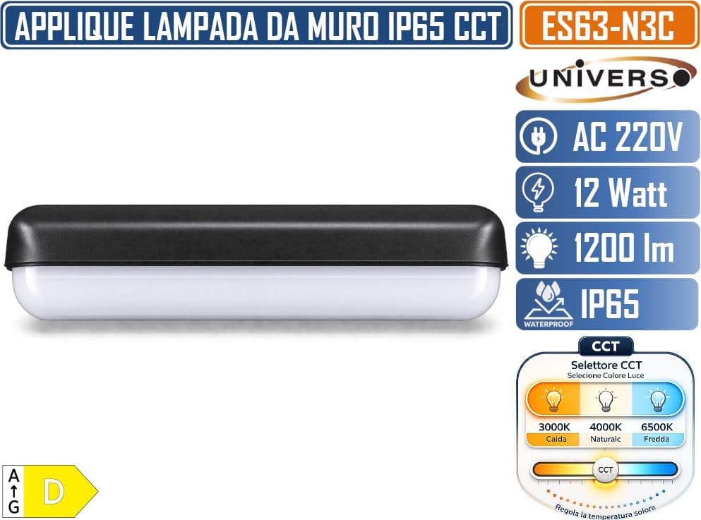 UNIVERSO ES63-N3C APPLIQUE PLFONIERA LED DA ESTERNO 12W 1200LM IP65 CCT SWITCH 3000K 4000K 6500K NERA 180° - 3