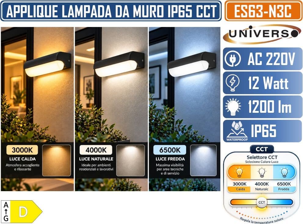 UNIVERSO ES63-N3C APPLIQUE PLFONIERA LED DA ESTERNO 12W 1200LM IP65 CCT SWITCH 3000K 4000K 6500K NERA 180° - 4