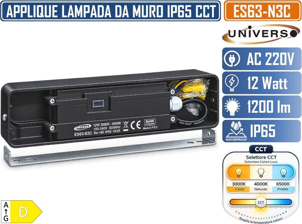 UNIVERSO ES63-N3C APPLIQUE PLFONIERA LED DA ESTERNO 12W 1200LM IP65 CCT SWITCH 3000K 4000K 6500K NERA 180° - 5