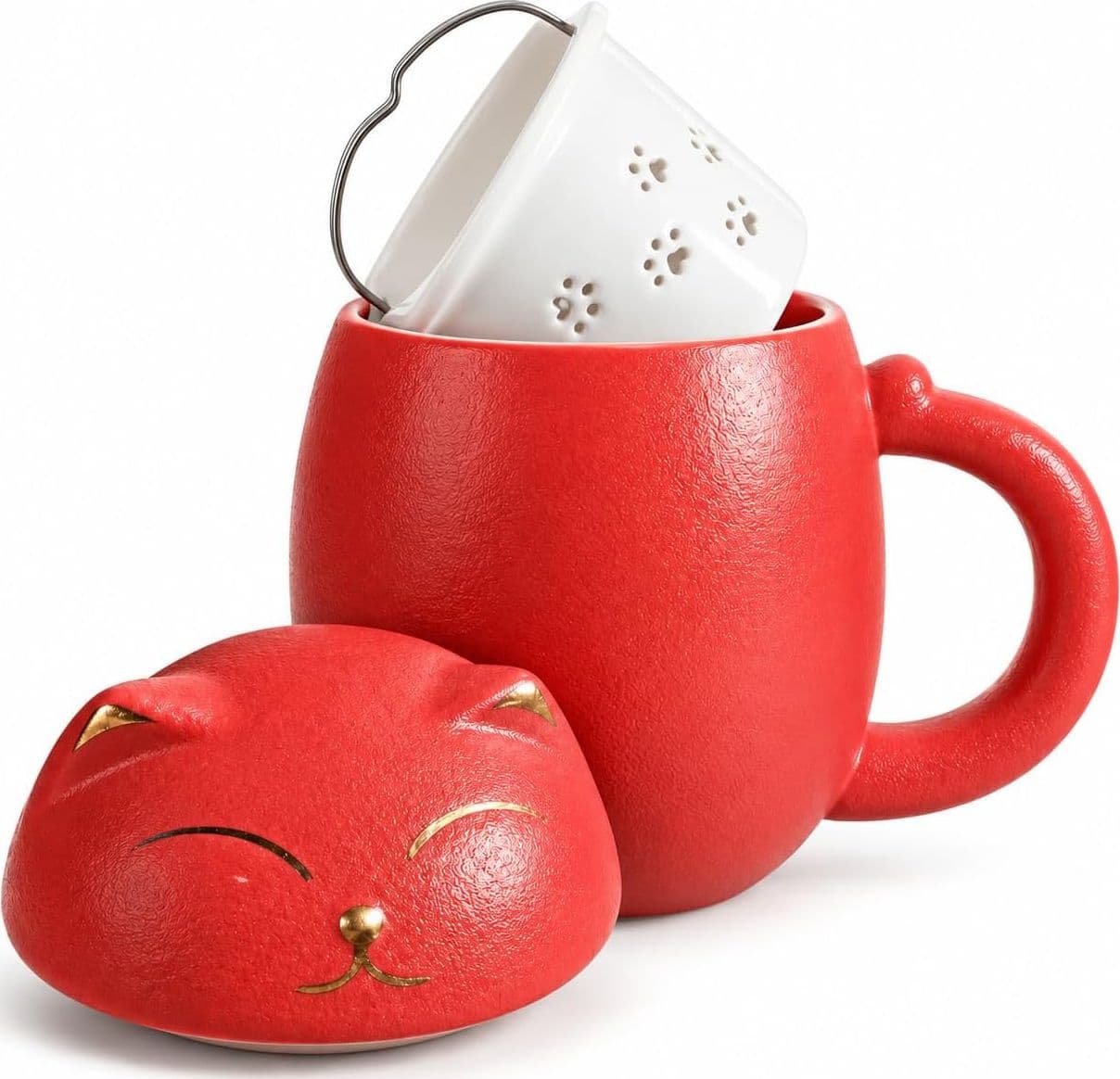 Generico Tazza a Forma di Gatto con Coperchio, Rossa in Ceramica - 2