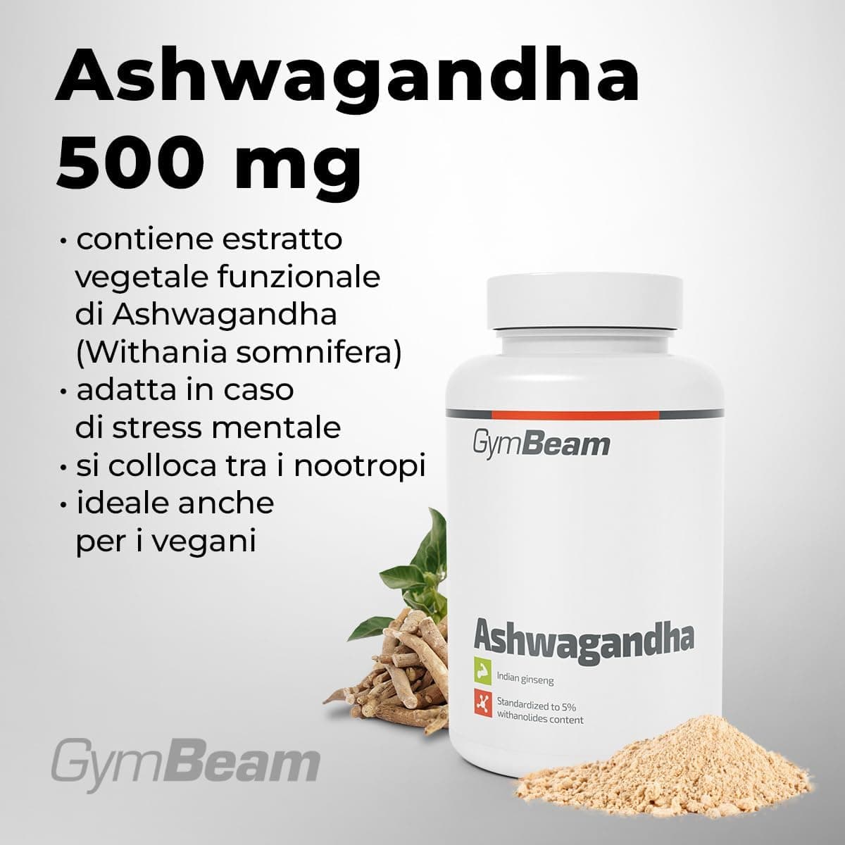 GymBeam Ashwagandha, Withania Somnifera, Ginseng Indiano, 500mg di Estratto, 5% Withanolides, Adattogeni per Resistenza e Gestione dello Stress, Pratiche Capsule (90 cps) - 2