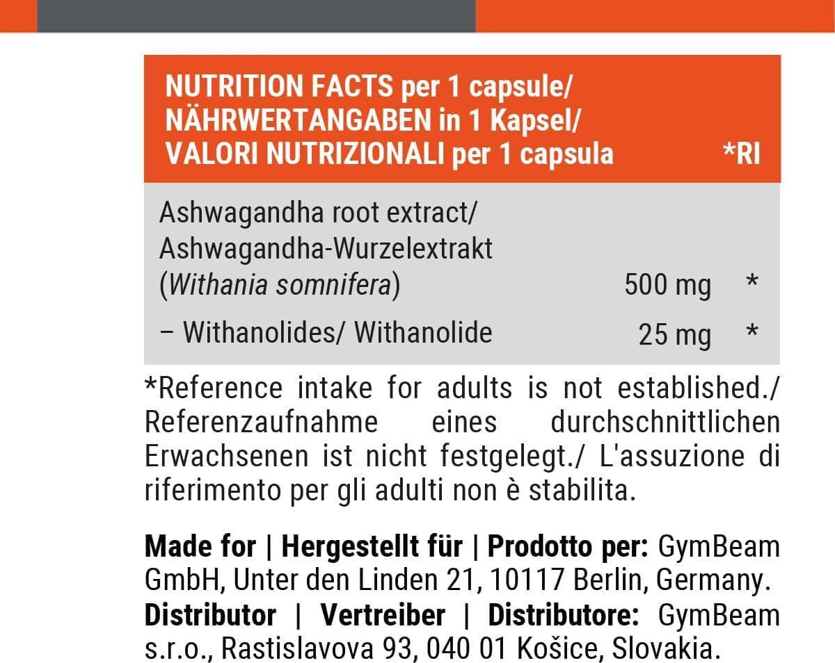 GymBeam Ashwagandha, Withania Somnifera, Ginseng Indiano, 500mg di Estratto, 5% Withanolides, Adattogeni per Resistenza e Gestione dello Stress, Pratiche Capsule (90 cps) - 6