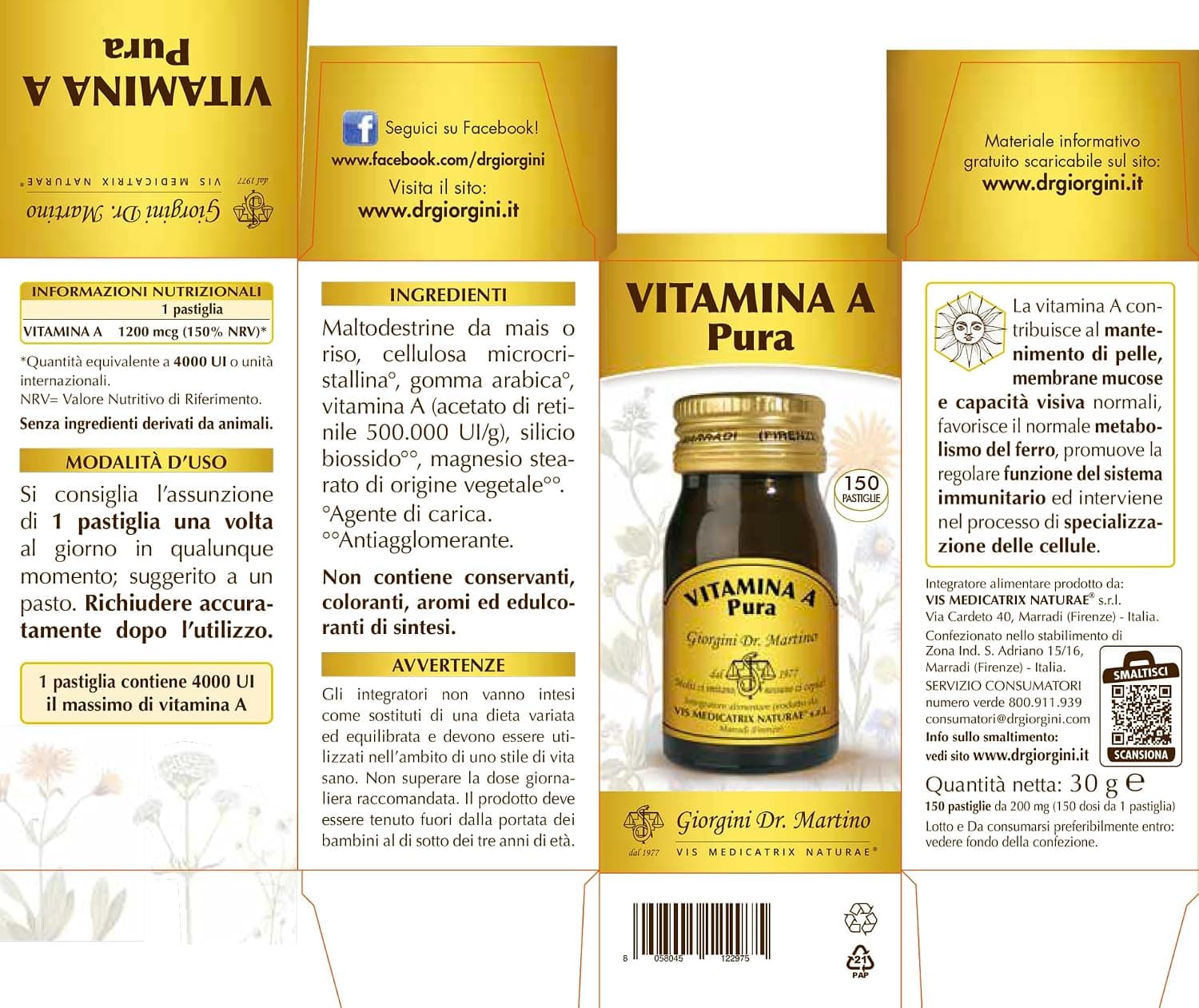 Dr Giorgini VITAMINA A Pura 30 g - pastiglie, Integratori Alimentari - 2