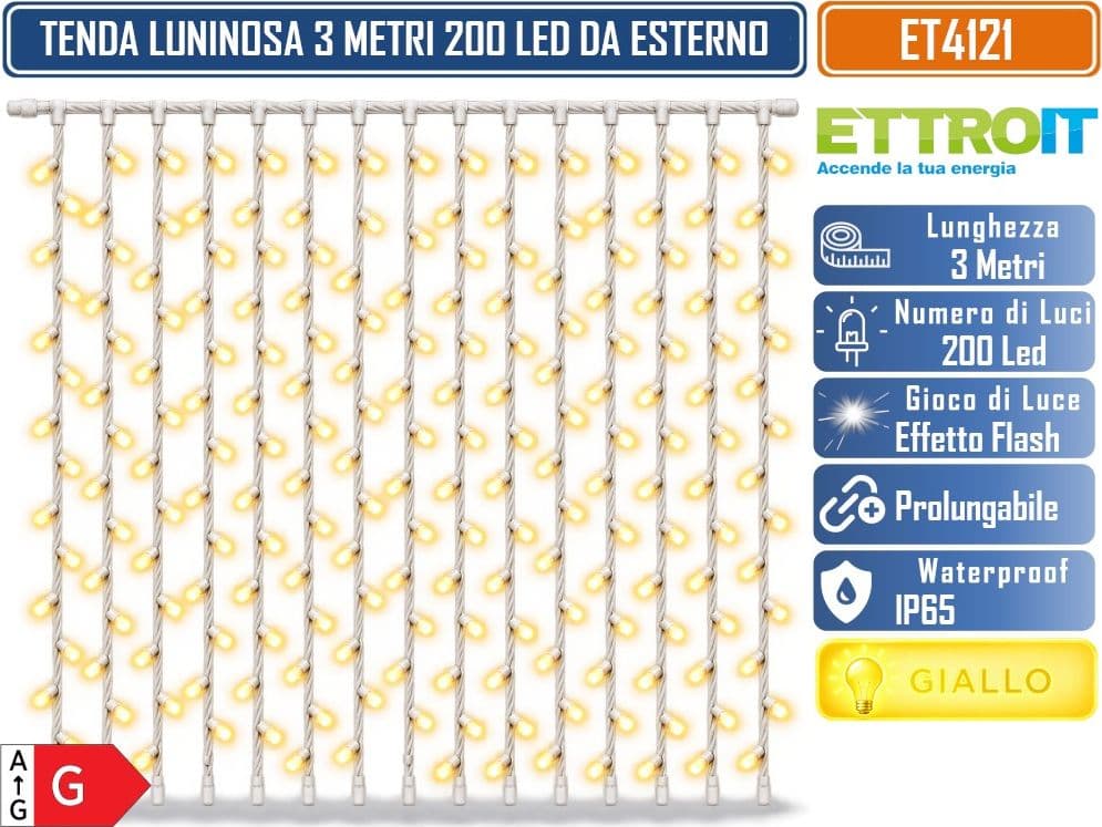 ETTROIT ET4121 TENDA LUMINOSA PROLUNGABILE 3 METRI X 1 METRO 200 LED LUCE GIALLA CON EFFETTO FLASH BIANCO CAVO BIANCO DA ESTERNO IP65 - 2