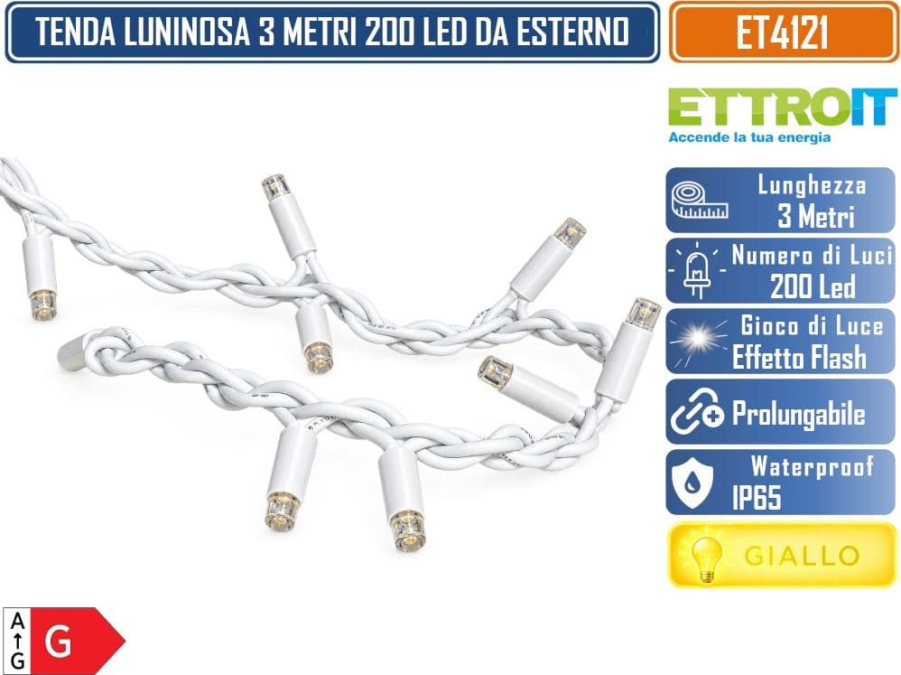 ETTROIT ET4121 TENDA LUMINOSA PROLUNGABILE 3 METRI X 1 METRO 200 LED LUCE GIALLA CON EFFETTO FLASH BIANCO CAVO BIANCO DA ESTERNO IP65 - 4