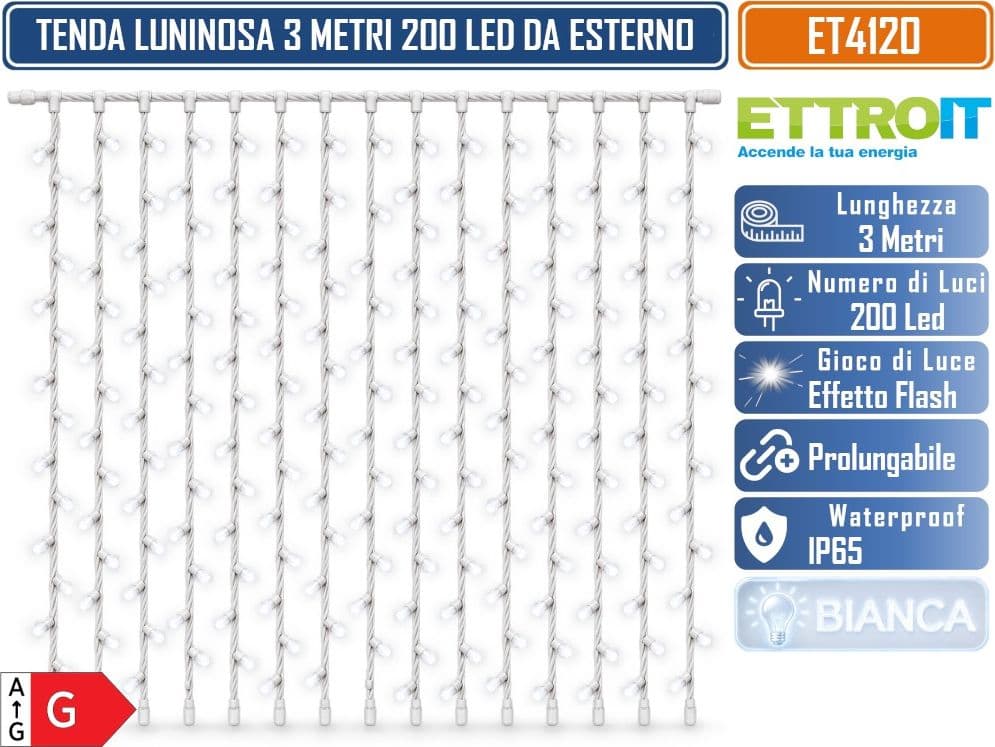 ETTROIT ET4120 TENDA LUMINOSA PROLUNGABILE 3 METRI X 1 METRO 200 LED LUCE BIANCA CON EFFETTO FLASH BIANCO CAVO BIANCO DA ESTERNO IP65 - 2