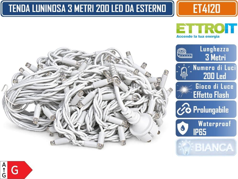 ETTROIT ET4120 TENDA LUMINOSA PROLUNGABILE 3 METRI X 1 METRO 200 LED LUCE BIANCA CON EFFETTO FLASH BIANCO CAVO BIANCO DA ESTERNO IP65 - 3