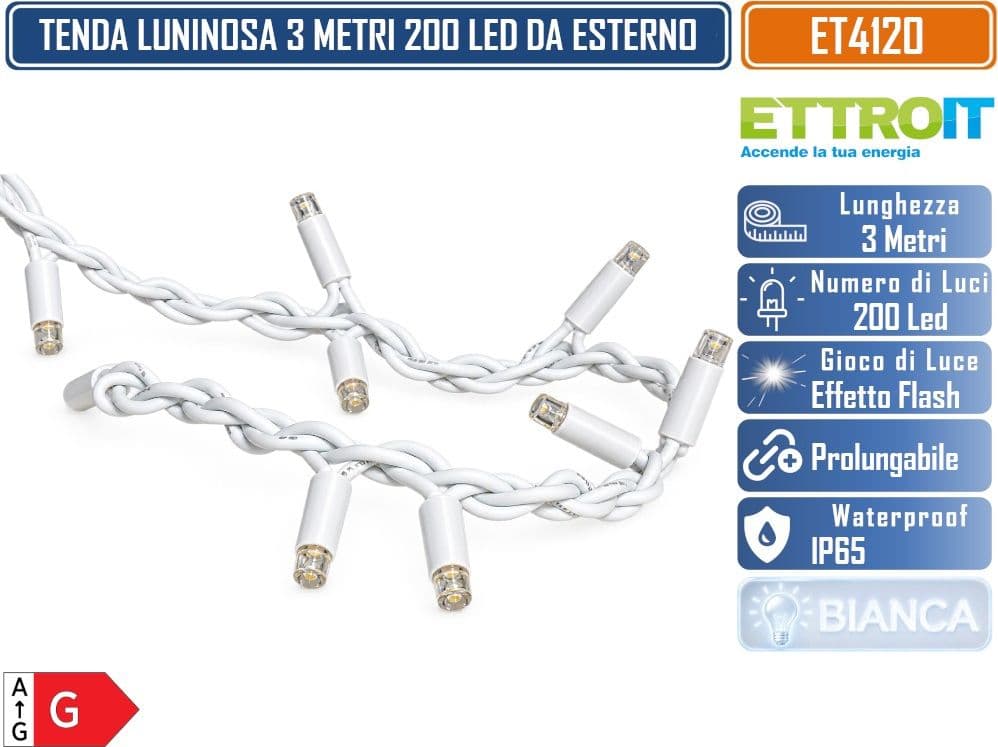 ETTROIT ET4120 TENDA LUMINOSA PROLUNGABILE 3 METRI X 1 METRO 200 LED LUCE BIANCA CON EFFETTO FLASH BIANCO CAVO BIANCO DA ESTERNO IP65 - 4