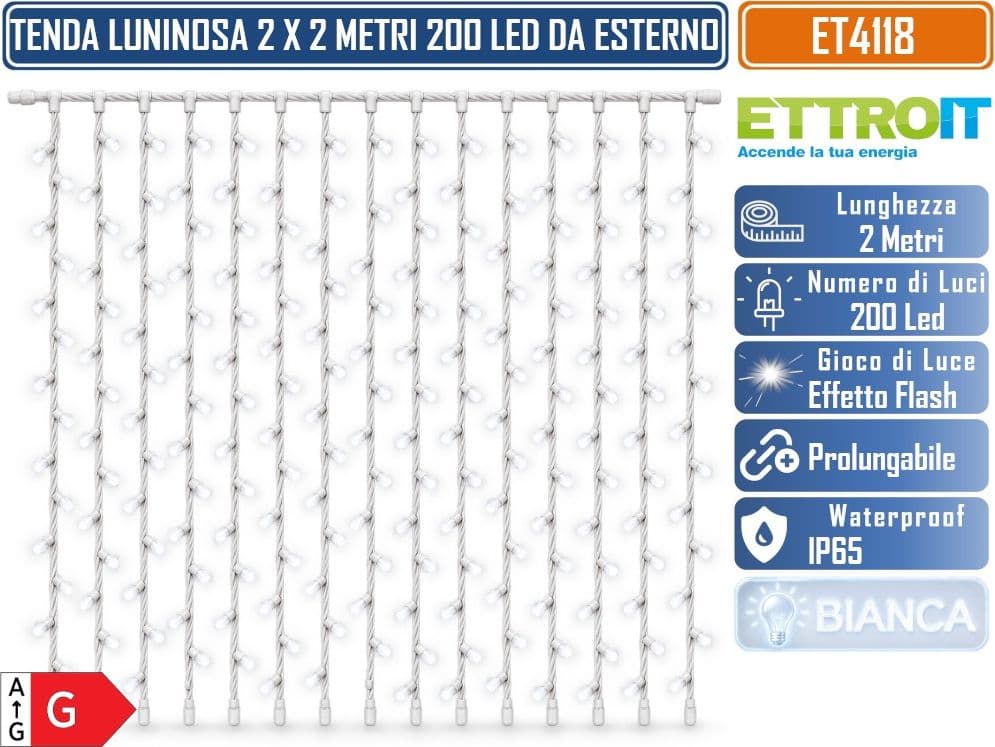 ETTROIT ET4118 TENDA PROLUNGABILE LUMINOSA 2 METRI X 2 METRI 200 LED LUCE BIANCA CON EFFETTO FLASH BIANCO CAVO BIANCO DA ESTERNO IP65 - 2
