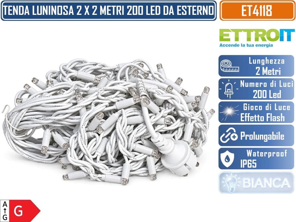 ETTROIT ET4118 TENDA PROLUNGABILE LUMINOSA 2 METRI X 2 METRI 200 LED LUCE BIANCA CON EFFETTO FLASH BIANCO CAVO BIANCO DA ESTERNO IP65 - 3