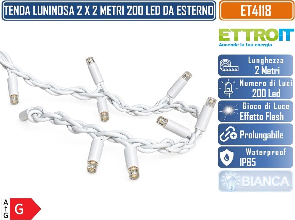 ETTROIT ET4118 TENDA PROLUNGABILE LUMINOSA 2 METRI X 2 METRI 200 LED LUCE BIANCA CON EFFETTO FLASH BIANCO CAVO BIANCO DA ESTERNO IP65 - 4