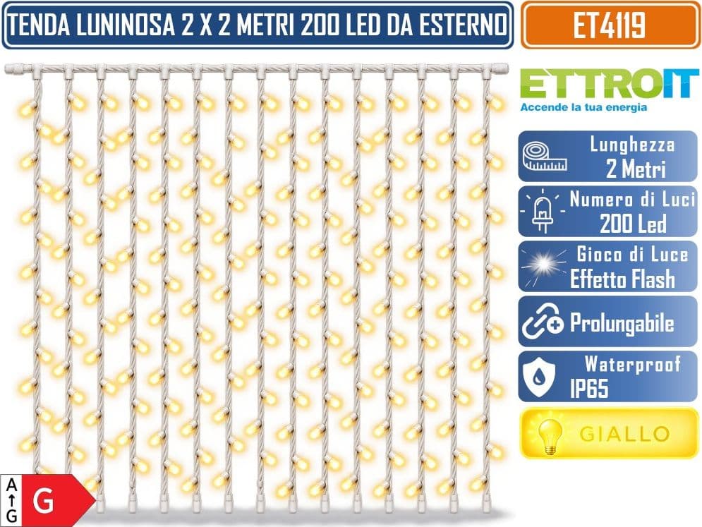 ETTROIT ET4119 TENDA PROLUNGABILE LUMINOSA 2 METRI X 2 METRI 200 LED LUCE GIALLA CON EFFETTO FLASH BIANCO CAVO BIANCO DA ESTERNO IP65 - 2
