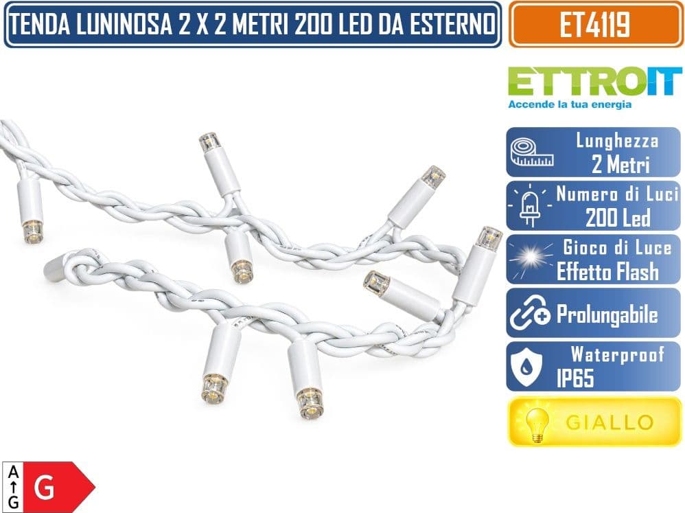 ETTROIT ET4119 TENDA PROLUNGABILE LUMINOSA 2 METRI X 2 METRI 200 LED LUCE GIALLA CON EFFETTO FLASH BIANCO CAVO BIANCO DA ESTERNO IP65 - 4