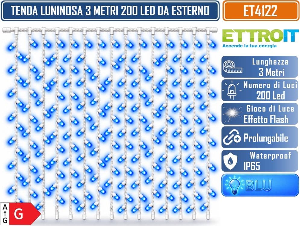 ETTROIT ET4122 TENDA LUMINOSA PROLUNGABILE 3 METRI X 1 METRO 200 LED LUCE BLU CON EFFETTO FLASH BIANCO CAVO BIANCO DA ESTERNO IP65 - 2