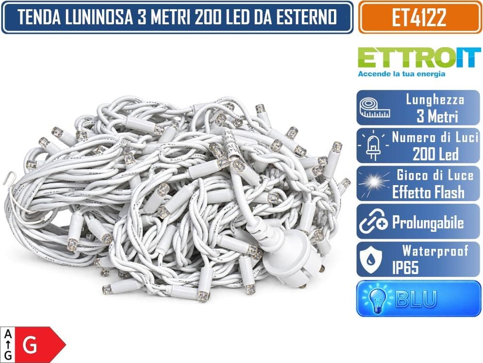 ETTROIT ET4122 TENDA LUMINOSA PROLUNGABILE 3 METRI X 1 METRO 200 LED LUCE BLU CON EFFETTO FLASH BIANCO CAVO BIANCO DA ESTERNO IP65 - 3