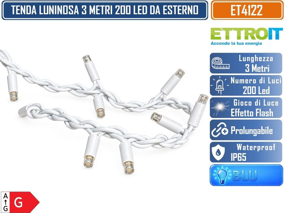 ETTROIT ET4122 TENDA LUMINOSA PROLUNGABILE 3 METRI X 1 METRO 200 LED LUCE BLU CON EFFETTO FLASH BIANCO CAVO BIANCO DA ESTERNO IP65 - 4