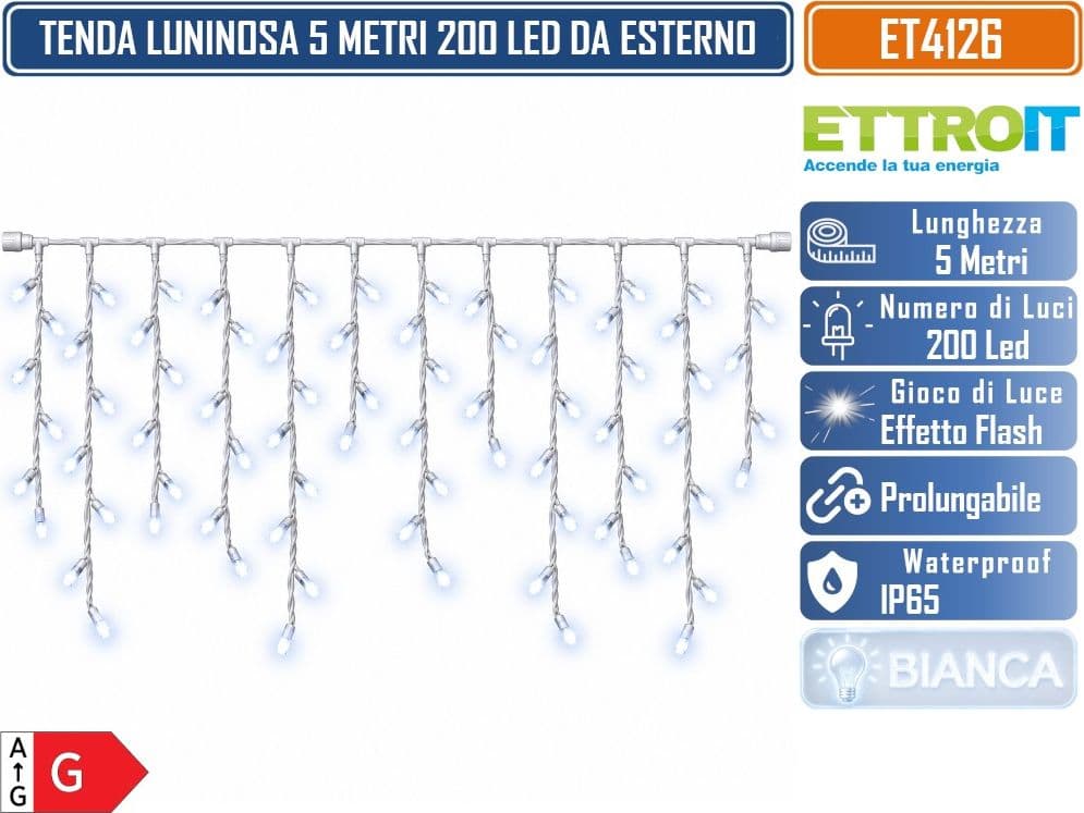 ETTROIT ET4126 TENDA LUMINOSA PROLUNGABILE FILI PENDENTI ALTERNATI 30-70-40-60 CM 5 METRI  200 LED LUCE BIANCA CON EFFETTO FLASH BIANCO CAVO BIANCO DA ESTERNO IP65 - 2