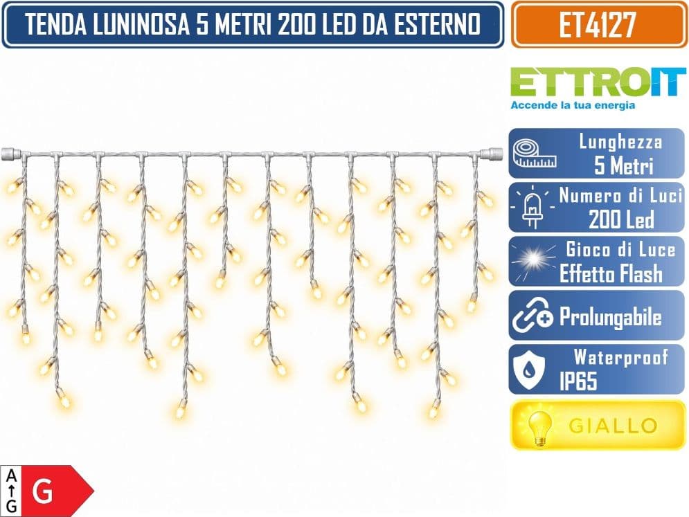 ETTROIT ET4127 TENDA LUMINOSA PROLUNGABILE FILI PENDENTI ALTERNATI 30-70-40-60 CM 5 METRI  200 LED LUCE GIALLA CON EFFETTO FLASH BIANCO CAVO BIANCO DA ESTERNO IP65 - 2