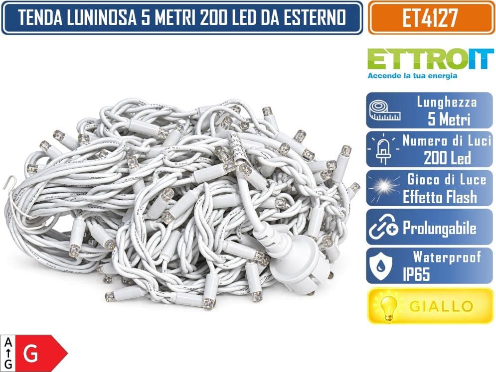 ETTROIT ET4127 TENDA LUMINOSA PROLUNGABILE FILI PENDENTI ALTERNATI 30-70-40-60 CM 5 METRI  200 LED LUCE GIALLA CON EFFETTO FLASH BIANCO CAVO BIANCO DA ESTERNO IP65 - 3
