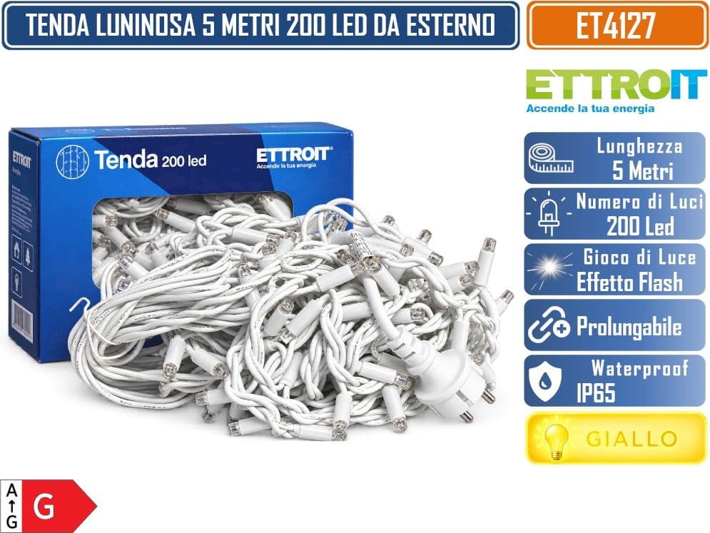 ETTROIT ET4127 TENDA LUMINOSA PROLUNGABILE FILI PENDENTI ALTERNATI 30-70-40-60 CM 5 METRI  200 LED LUCE GIALLA CON EFFETTO FLASH BIANCO CAVO BIANCO DA ESTERNO IP65 - 5