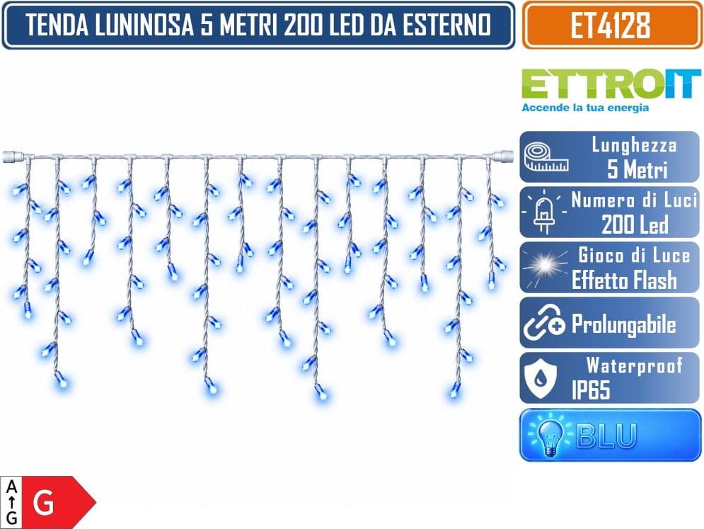 ETTROIT ET4128 TENDA LUMINOSA PROLUNGABILE FILI PENDENTI ALTERNATI 30-70-40-60 CM 5 METRI  200 LED LUCE BLU CON EFFETTO FLASH BIANCO CAVO BIANCO DA ESTERNO IP65 - 2