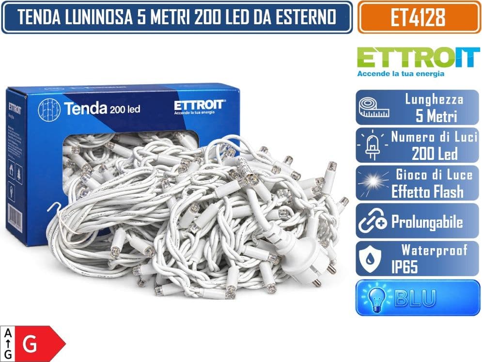 ETTROIT ET4128 TENDA LUMINOSA PROLUNGABILE FILI PENDENTI ALTERNATI 30-70-40-60 CM 5 METRI  200 LED LUCE BLU CON EFFETTO FLASH BIANCO CAVO BIANCO DA ESTERNO IP65 - 5