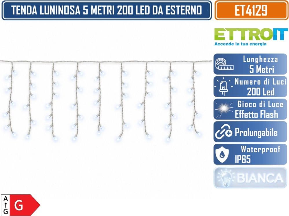 ETTROIT ET4129 TENDA LUMINOSA PROLUNGABILE 5 METRI  200 LED FILI PENDENTI 50 CM LUCE BIANCA CON EFFETTO FLASH BIANCO CAVO BIANCO DA ESTERNO IP65 - 2