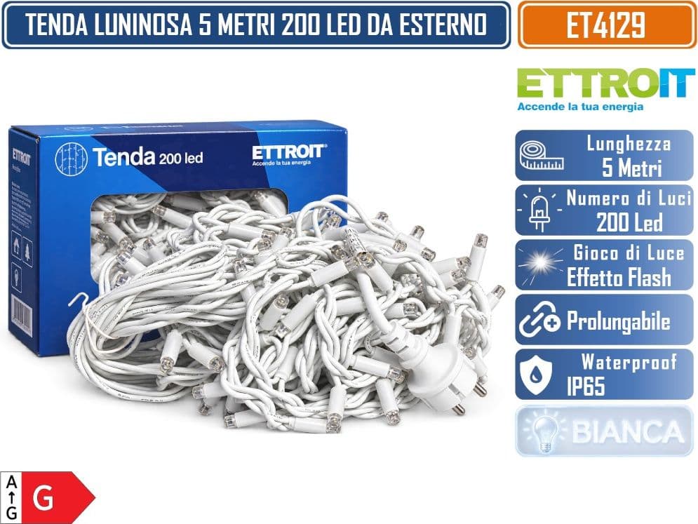 ETTROIT ET4129 TENDA LUMINOSA PROLUNGABILE 5 METRI  200 LED FILI PENDENTI 50 CM LUCE BIANCA CON EFFETTO FLASH BIANCO CAVO BIANCO DA ESTERNO IP65 - 5