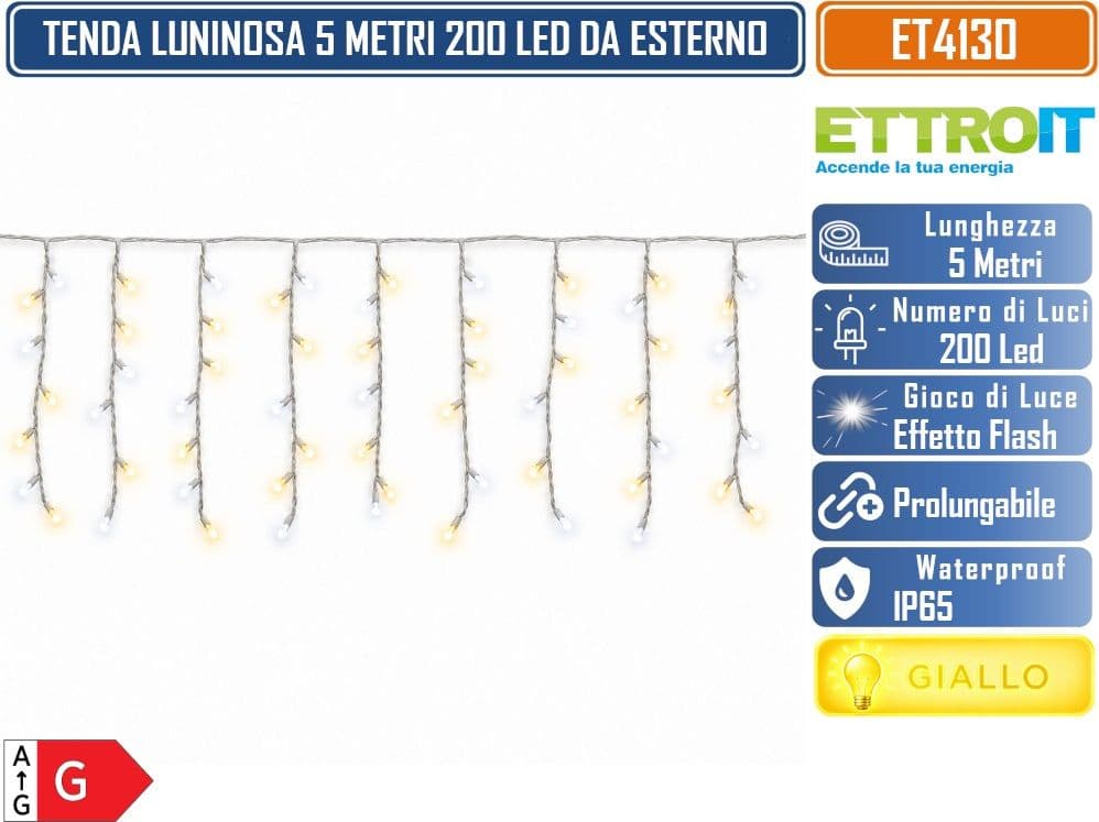 ETTROIT ET4130 TENDA LUMINOSA PROLUNGABILE 5 METRI  200 LED FILI PENDENTI 50 CM LUCE GIALLA CON EFFETTO FLASH BIANCO CAVO BIANCO DA ESTERNO IP65 - 2