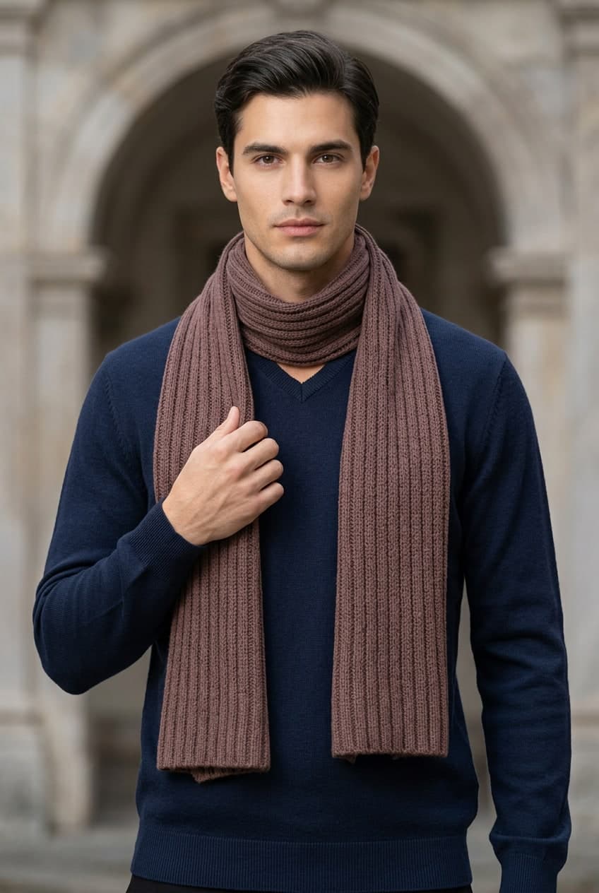 Sciarpa uomo e donna Danielapi in 100% cashmere marrone a coste - 2