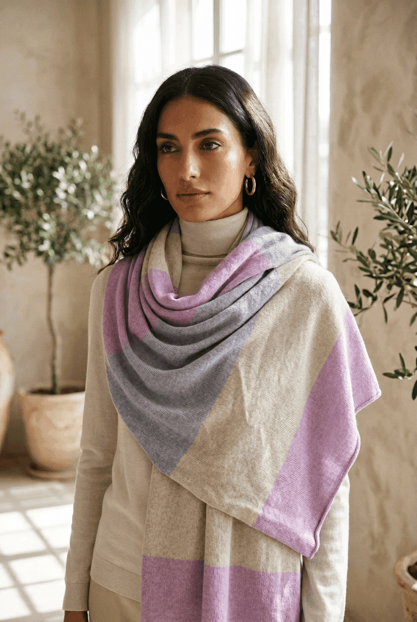 Sciarpa donna Riviera in puro cashmere lilla/beige/corda/azzurro - 3