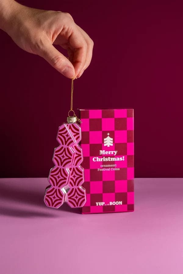 Decorazione Natalizia Festival Token Rosa e Argento in Vetro da Appendere, Addobbo per Albero di Natale, 14 cm - 3