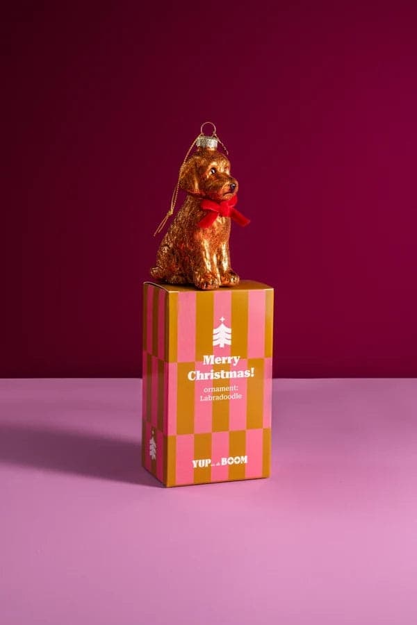 Decorazione Natalizia Labradoodle in Vetro Marrone e Oro da Appendere, Addobbo a Forma di Cane per Albero di Natale, 11 cm - 3