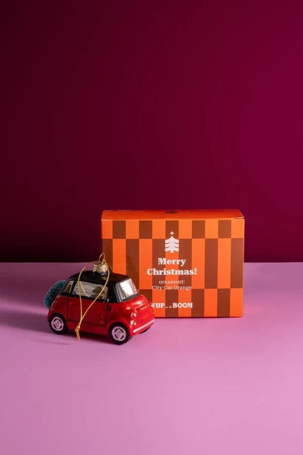 Decorazione Natalizia Auto City Car Arancione in Vetro da Appendere, Addobbo a Forma di Macchina per Albero di Natale, 10 cm - 3