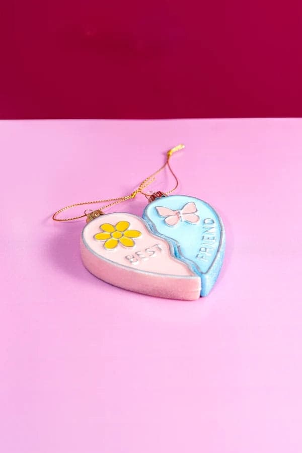 Set 2 Decorazioni Natalizie Cuore Best Friends in Vetro Rosa e Azzurro da Appendere, Addobbi per Albero di Natale, 10 cm - 2