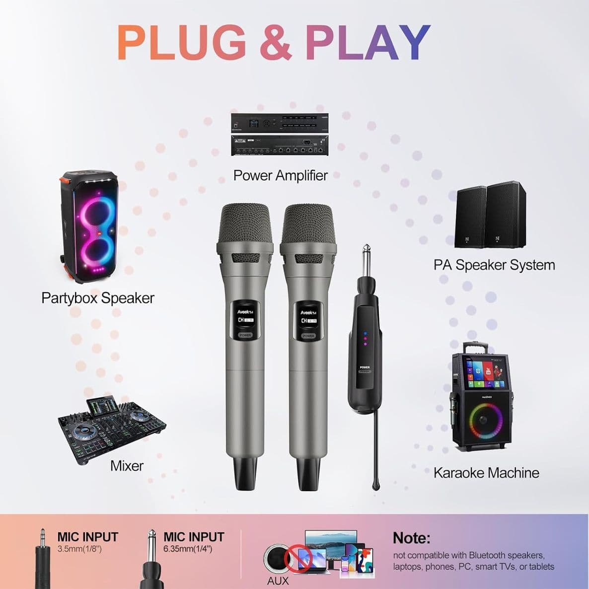 Kit 2 Microfoni Aveek Wireless Professionali Ricevitore e Microfoni Ricaricabili con 10 Ore di Autonomia Portata 30m e Adattatori Jack 6.35/3.5mm per Feste e Karaoke - 3