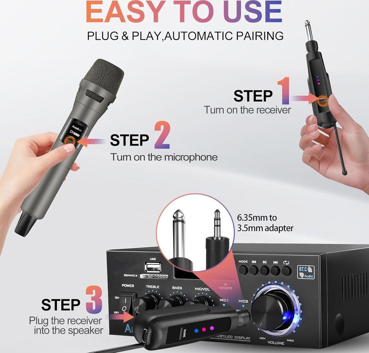 Kit 2 Microfoni Aveek Wireless Professionali Ricevitore e Microfoni Ricaricabili con 10 Ore di Autonomia Portata 30m e Adattatori Jack 6.35/3.5mm per Feste e Karaoke - 4