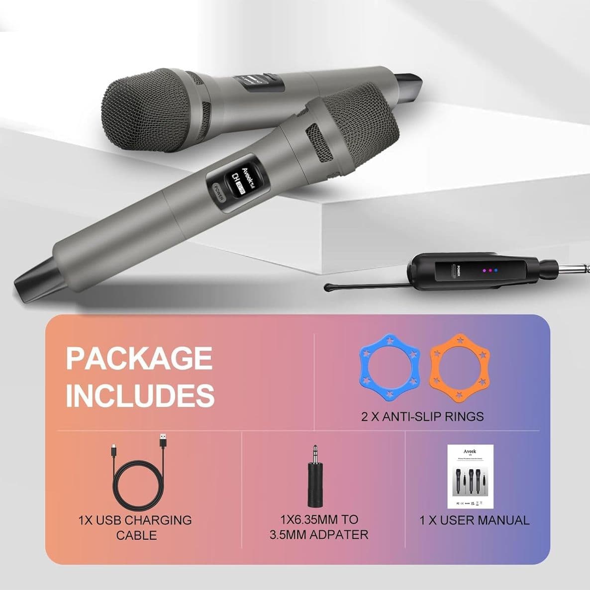 Kit 2 Microfoni Aveek Wireless Professionali Ricevitore e Microfoni Ricaricabili con 10 Ore di Autonomia Portata 30m e Adattatori Jack 6.35/3.5mm per Feste e Karaoke - 5