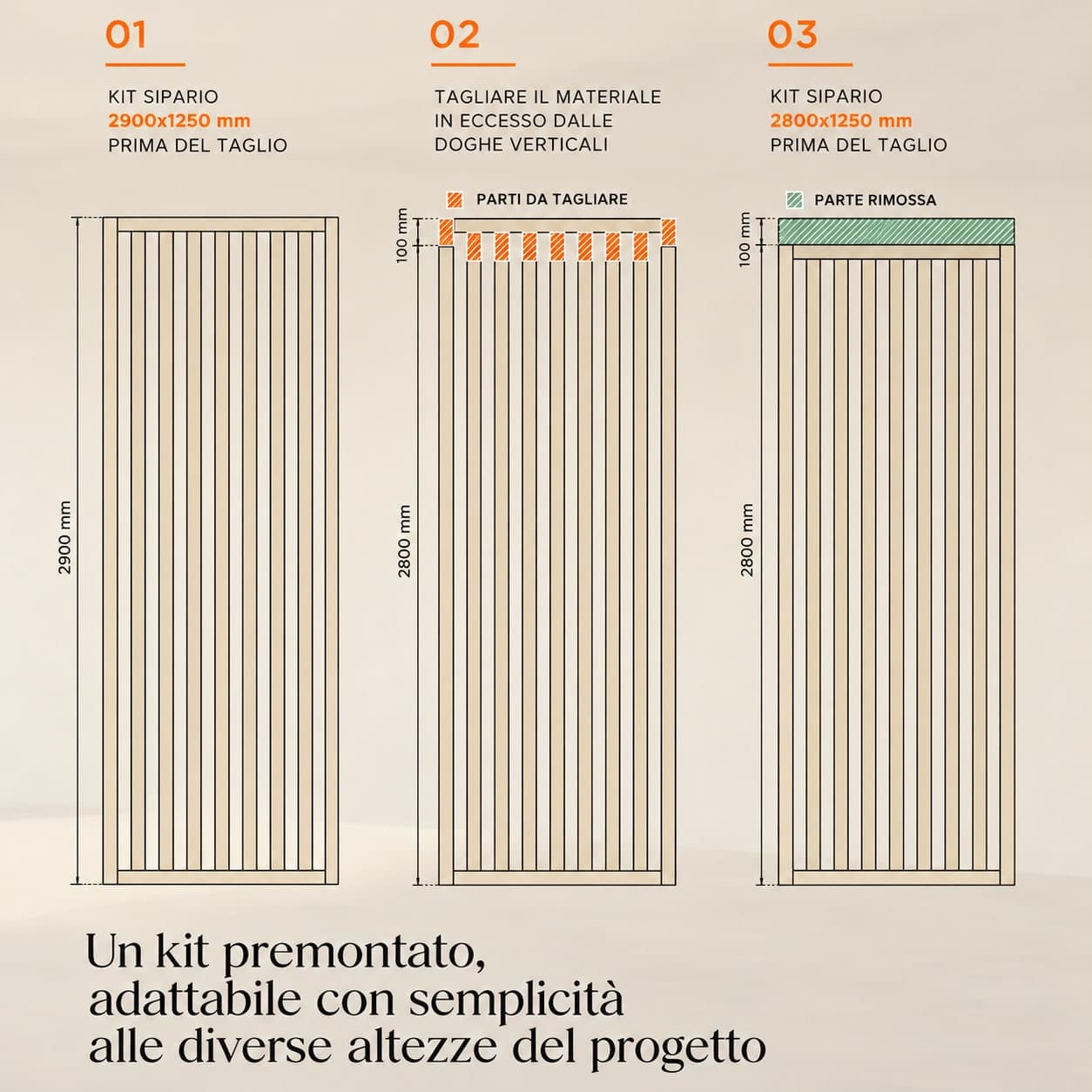 SIPA PURE Kit completo (16 toghe+2 basi orizzontali+staffe fisse) Divisorio Frangiluce in PVC Effetto Legno – rifilabile  1550x2900mm - 11