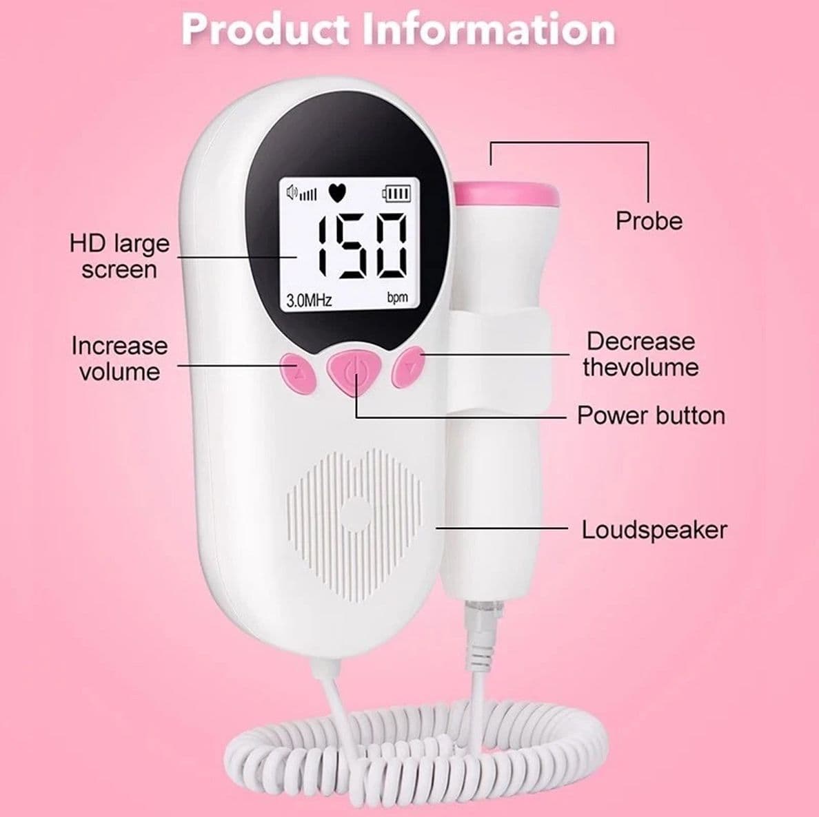 Rilevatore Battito Cardio Fetale Portatile con Schermo LCD Dispositivo Digitale di Ascolto per Gravidanza ad Alta Sensibilità con Sonda e Audio - 3