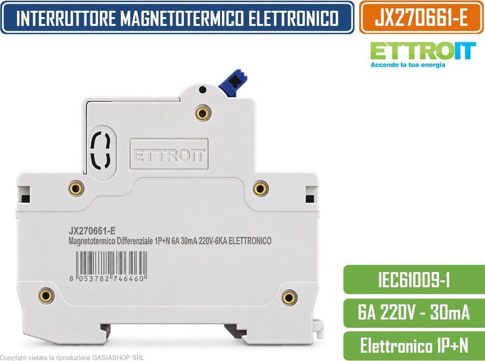 ETTROIT JX270661-E INTERRUTTORE MAGNETOTERMICO DIFFERENZIALE SALVAVITA ELETTRONICO RCBO 1P+N 6A C6 30MA 6KA 240V 2 MODULI DIN - 3